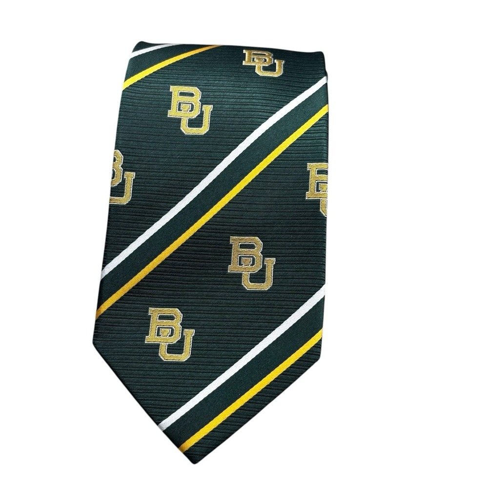 Eagles Wings Baylor Bears BU Logo Tie Green Gold Stripe Mens Necktie‎